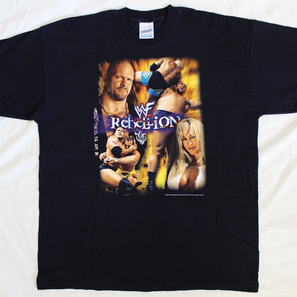 WWF Rebellion 1999 pay per view shirt Debra Austin Rock vintage promo PPV WWE